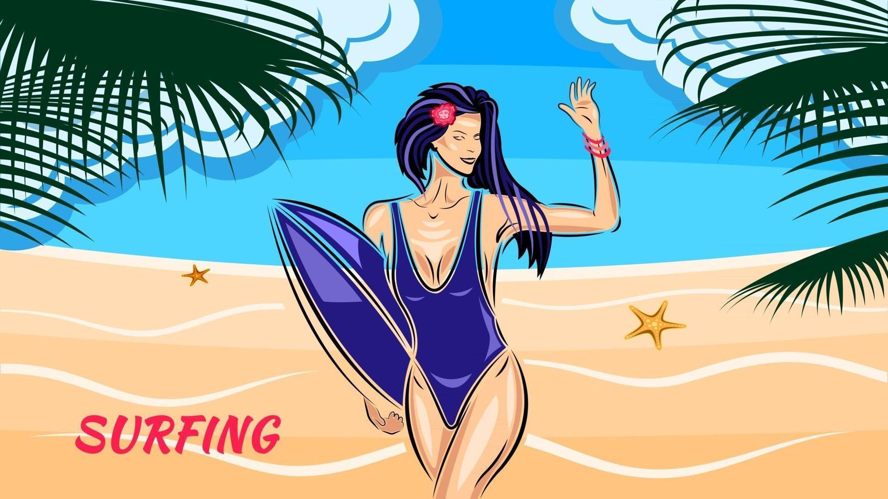 Surfing women on beach vector