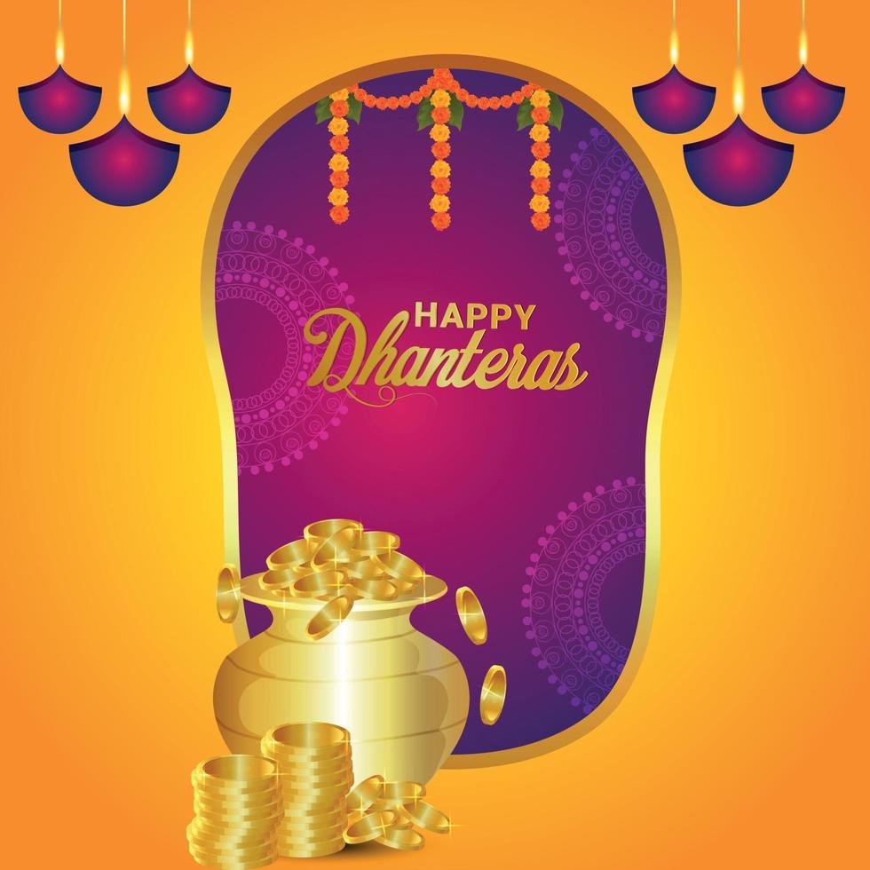 Happy dhanteras celebration greeting card with vector illustration gold coin pot and garland flower