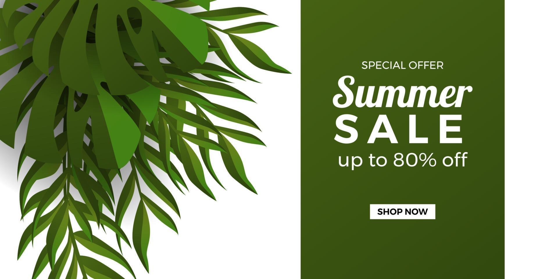 Oferta de venta de verano plantilla de banner de promoción con borde de marco de hojas tropicales botánicas verdes con fondo blanco y verde vector