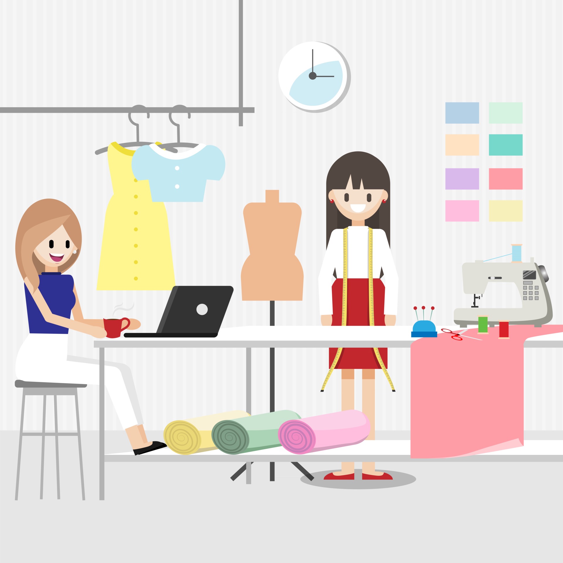 Cartoon character with fashion designer job in fashion or sewing studio  room horizontal banner or Tailor shop concept flat icon vector 2520053  Vector Art at Vecteezy