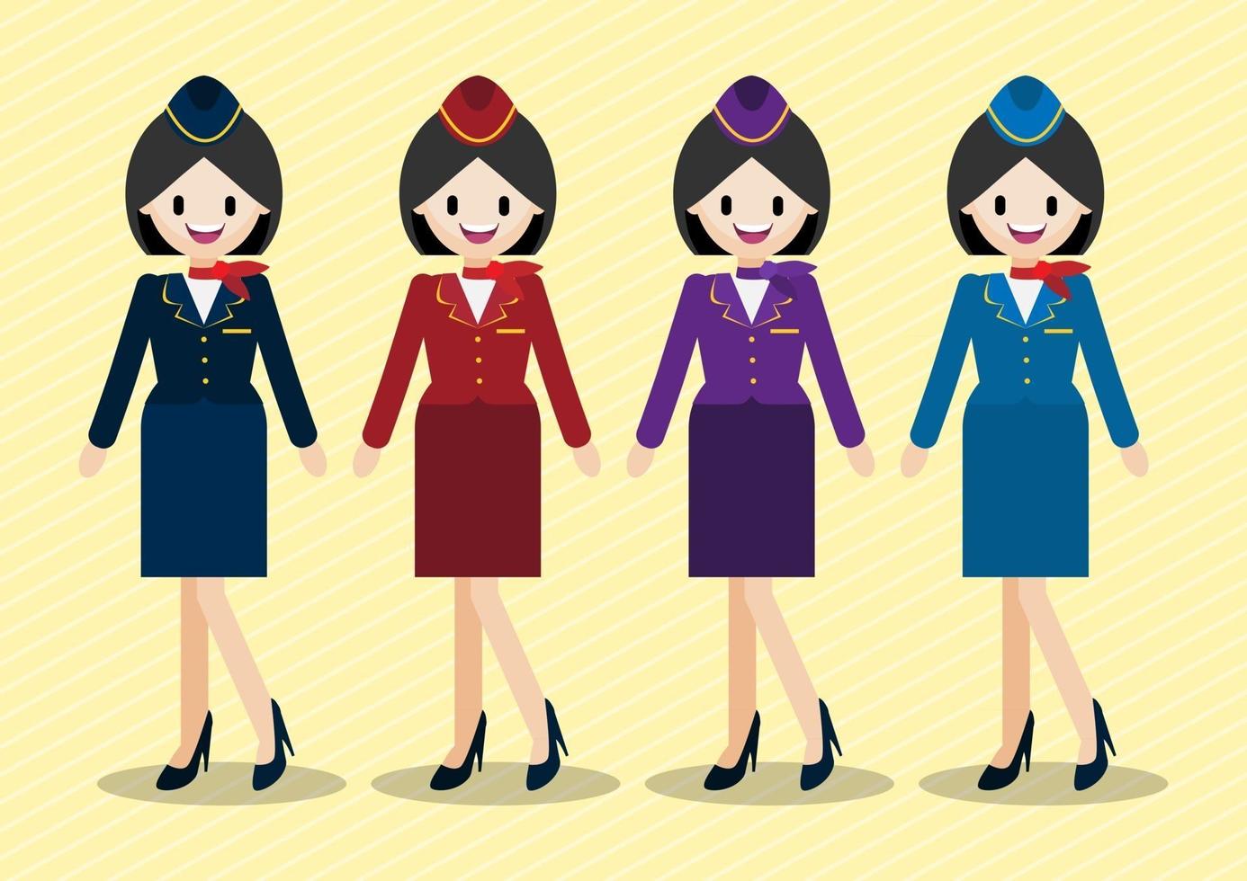 Cartoon character with beautiful air hostess and four work uniform styles flat vector