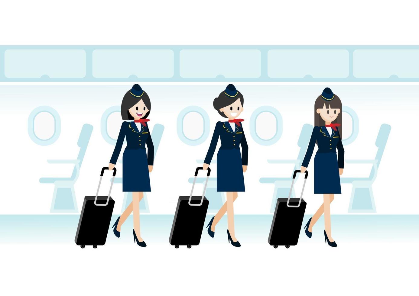 Cartoon character with three beautiful air hostess holding travel bag on jet passenger and the seat flight or aircraft seats line in cabin flat icon vector