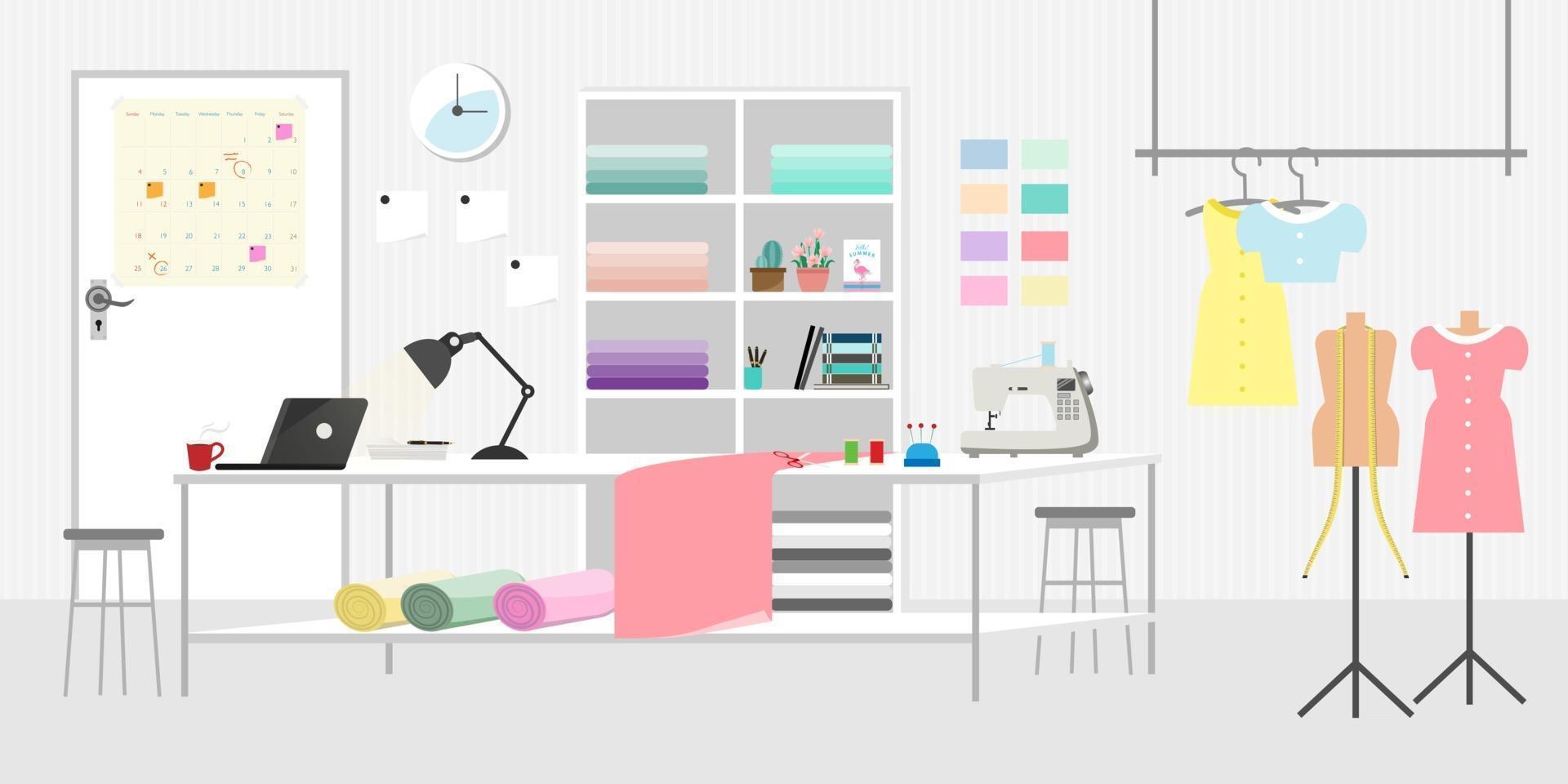 Fashion or sewing studio room horizontal banner or Tailor shop concept flat icon vector