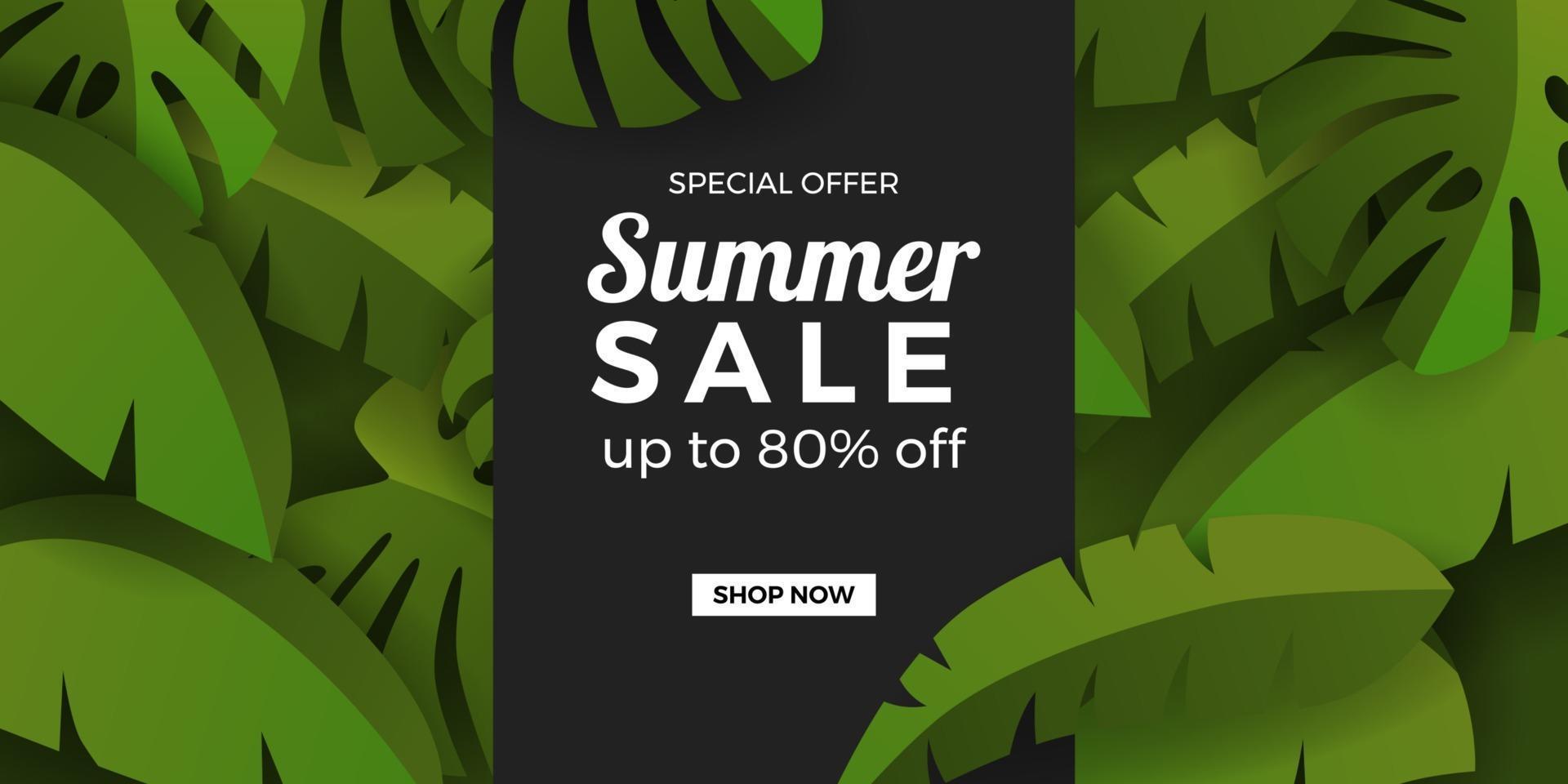 Summer sale offer promotion banner template with green botanical tropical leaves group jungle with black background vector