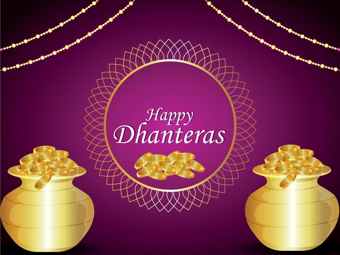 Happy dhanteras celebration greeting card with gold coin pot vector