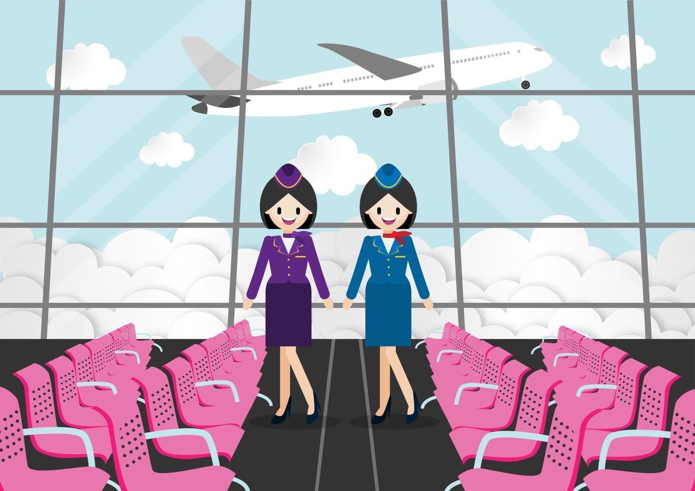 Cartoon character with passenger room in airport terminal and beautiful air hostess flat vector