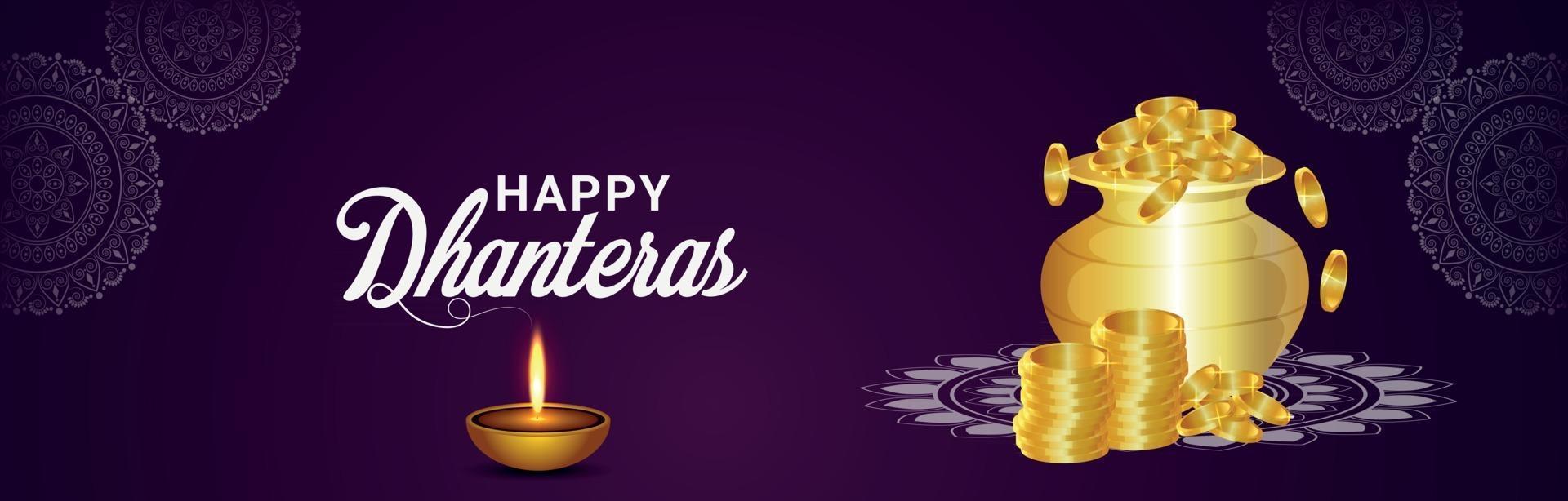 Feliz celebración de dhanteras banner con olla de monedas de oro sobre fondo de patrón vector