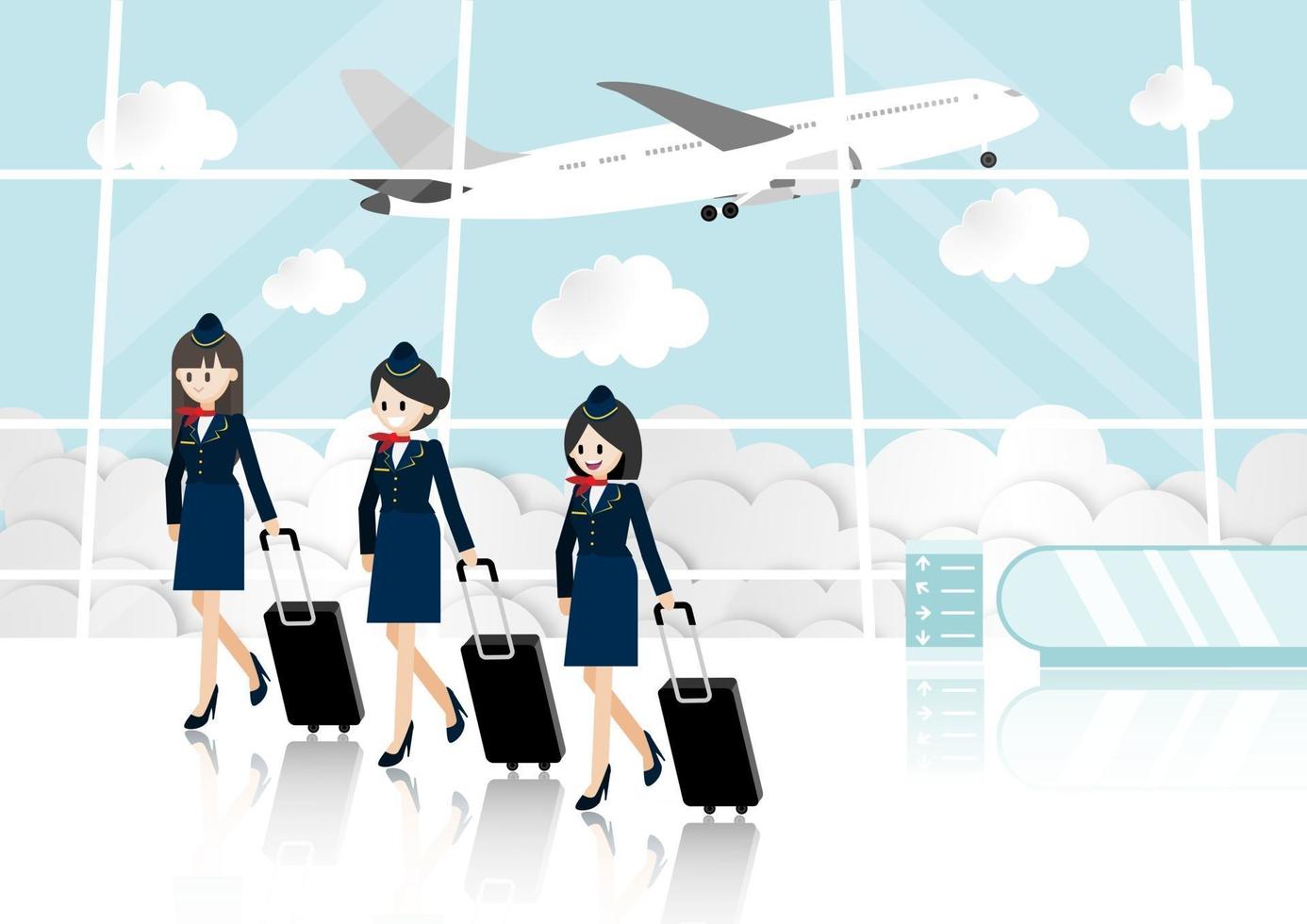Cartoon with passenger room in airport terminal and beautiful air hostess flat vector illustration