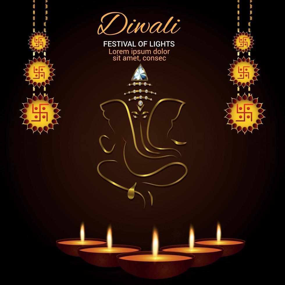 festival de diwali de fondo de celebración ligera con ganesha dorado y diwali diya vector