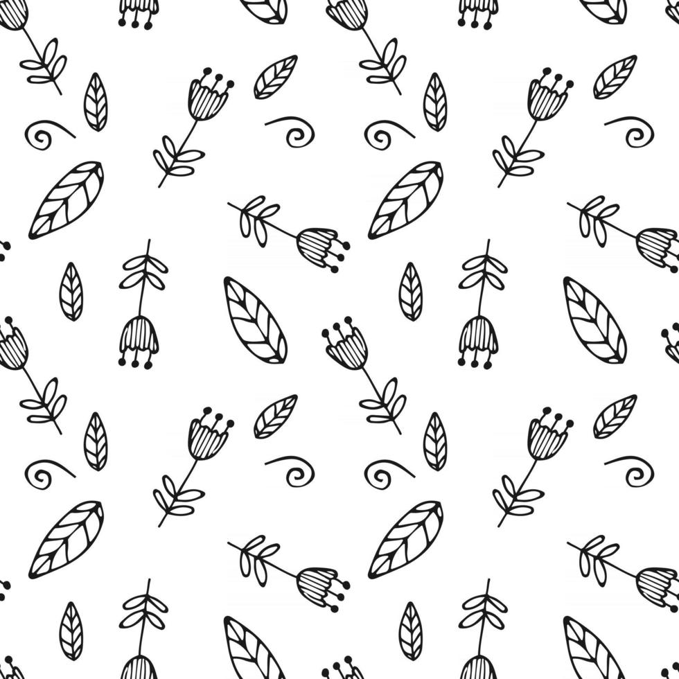 Seamless pattern with simple handdrawn floral elements Scandinavian style Vector illustration in black and white