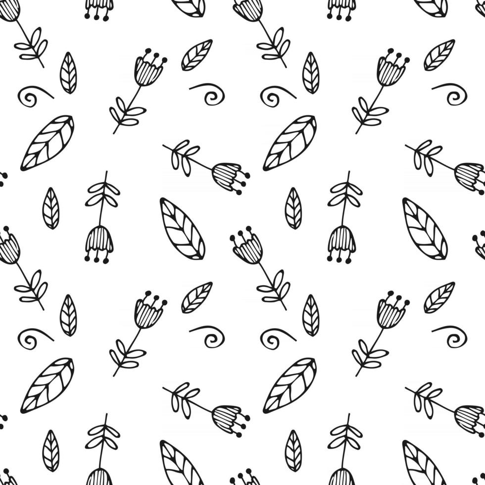 Seamless pattern with simple handdrawn floral elements Scandinavian style Vector illustration in black and white