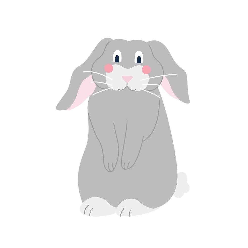 Cute funny grey rabbit on white background Vector image in cartoon flat style Decor for childrens posters postcards clothing and interior decoration