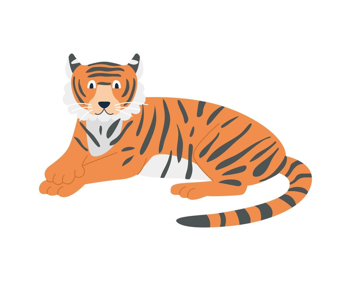 A cute funny tiger is lying on a white background Vector image in cartoon flat style Decor for childrens posters postcards clothing and interior