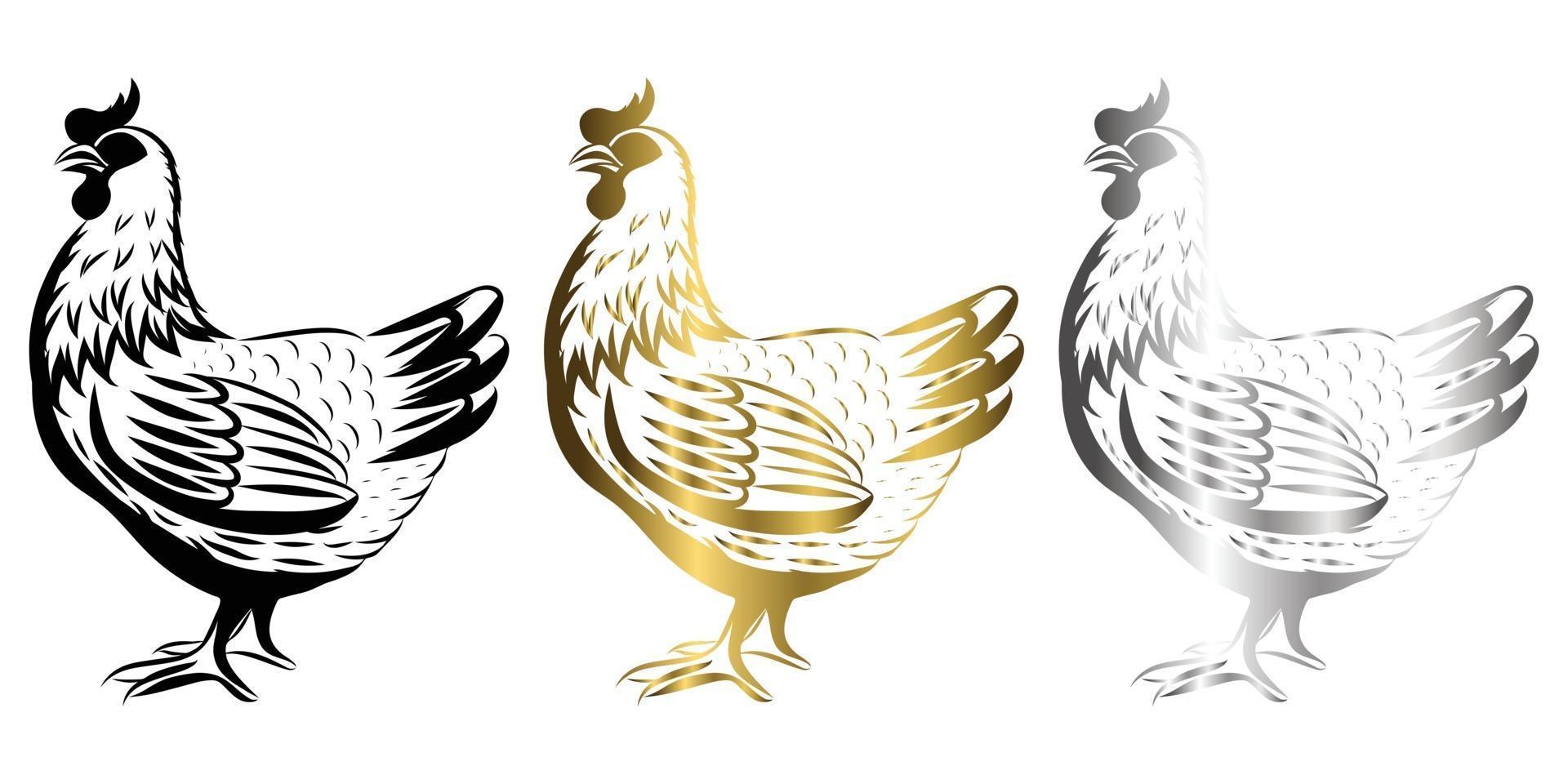 Ilustración de arte de línea vectorial logotipo de un pollo que está de pie hay tres colores negro dorado plateado vector