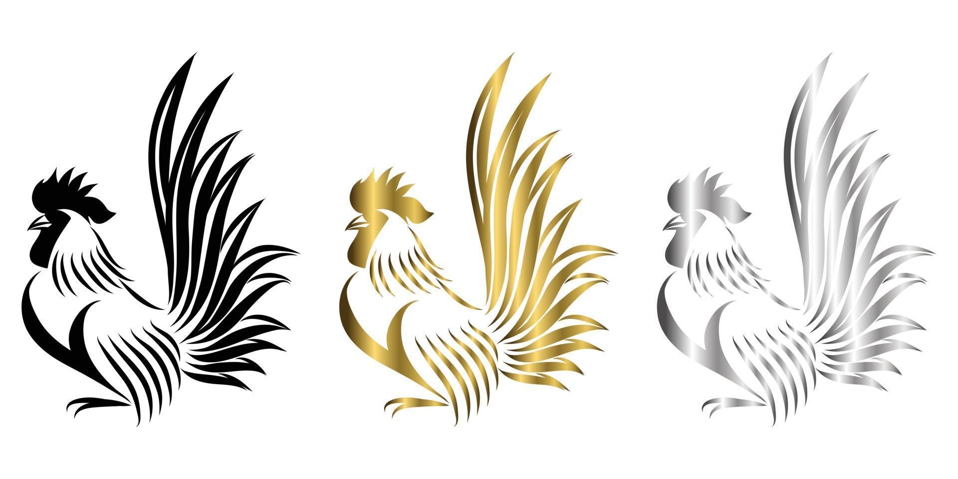 Ilustración de arte de línea vectorial logotipo de un gallo que está de pie hay tres colores negro dorado y plateado vector