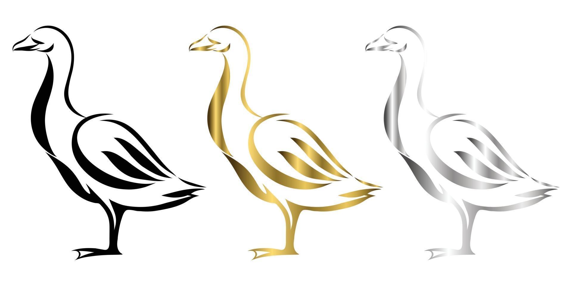 Vector Line Art Illustration logo of a goose It is standing there are three color black gold and silver