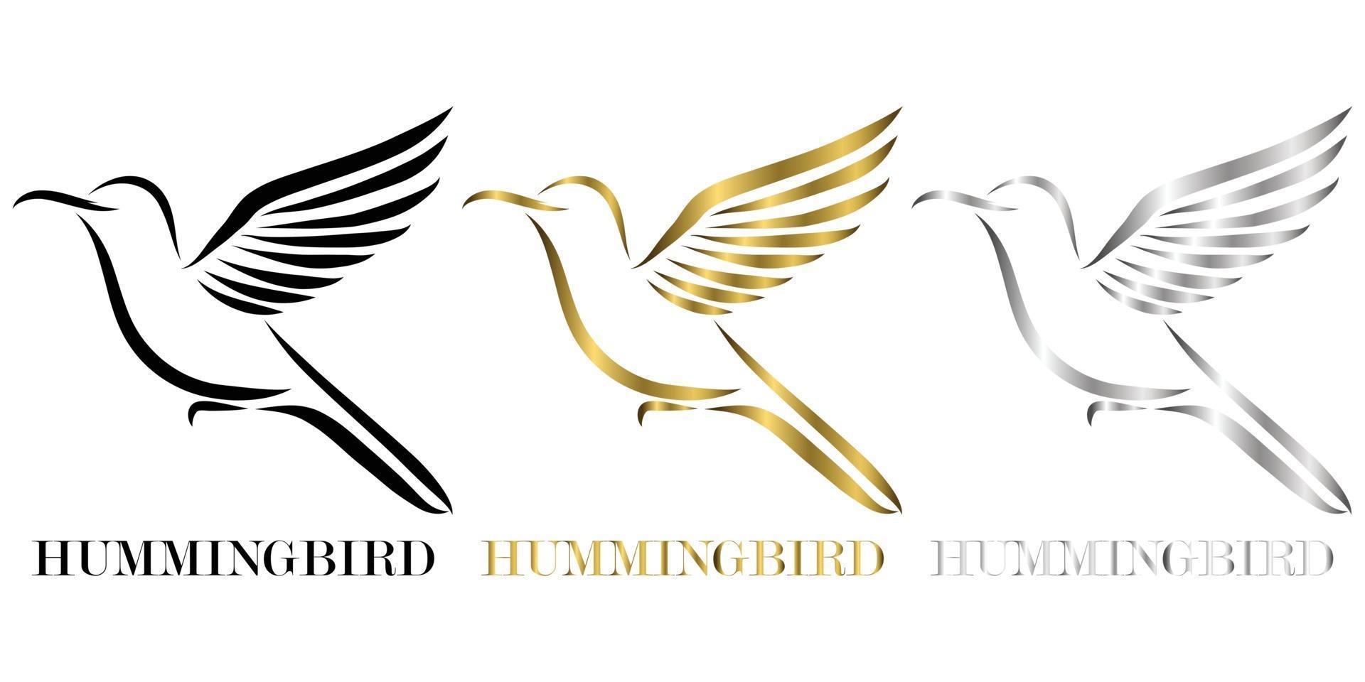 Ilustración de vector de arte de línea de plata oro negro de tres colores sobre un fondo blanco de colibríes voladores adecuados para hacer logo
