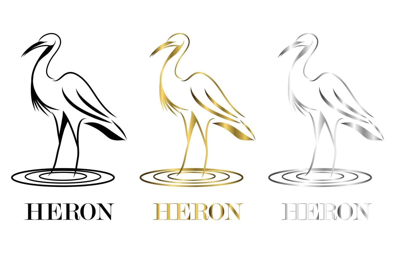 Line art vector logo of heron that is standing three color black gold silver