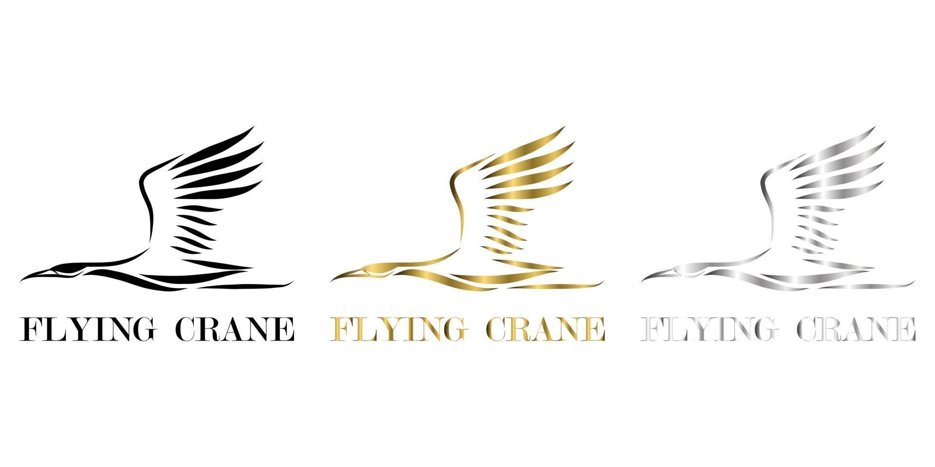 Line art vector logo of crane that is flying three color black gold silver
