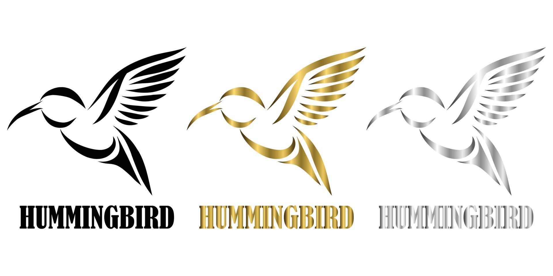 Ilustración de vector de arte de línea de plata oro negro de tres colores sobre un fondo blanco de colibríes voladores adecuados para hacer logo