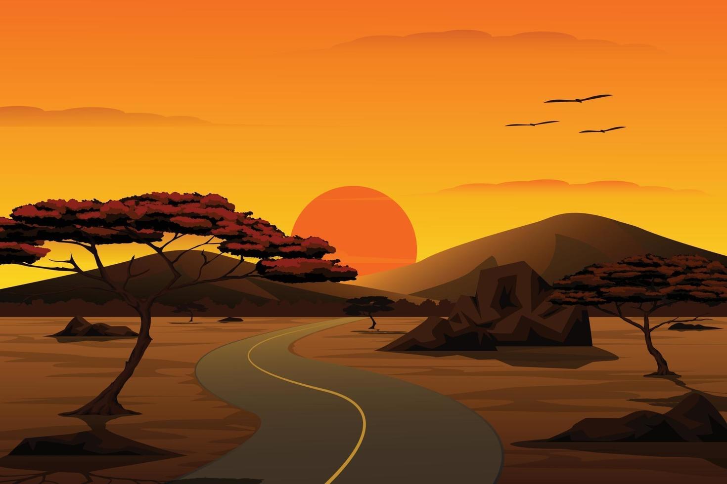 Vector cartoon illustration of the countryside landscape The road leading to the valley at Sunset with mountain and sky in background