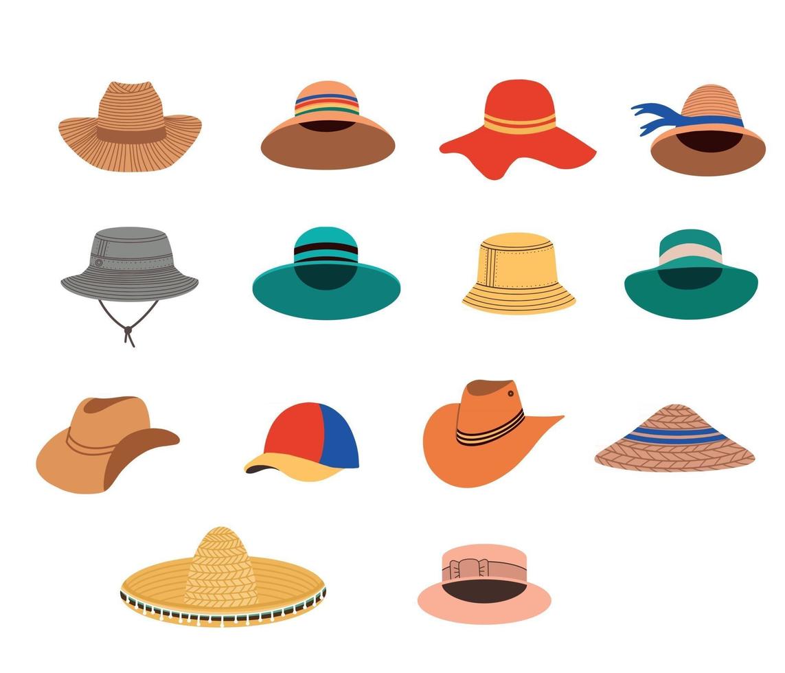 A collection of summer headgear. Vector flat illustration