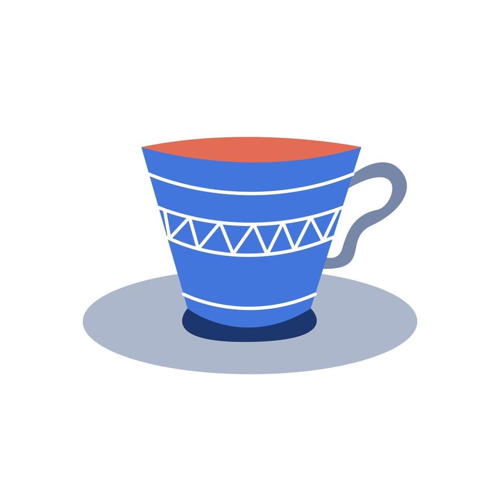 una taza azul en un platillo con café o té sobre un fondo blanco vector imagen plana decoración para postales pegatinas