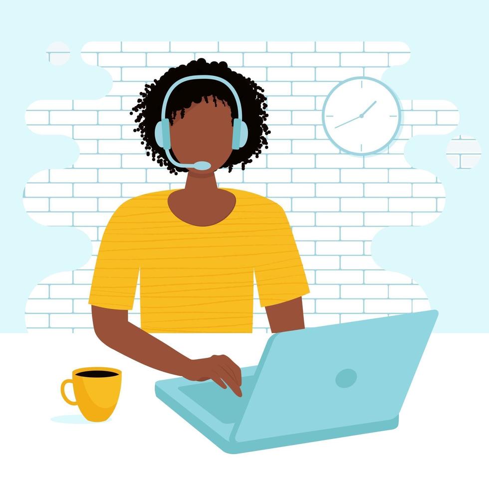African woman with headphones and microphone with laptop vector