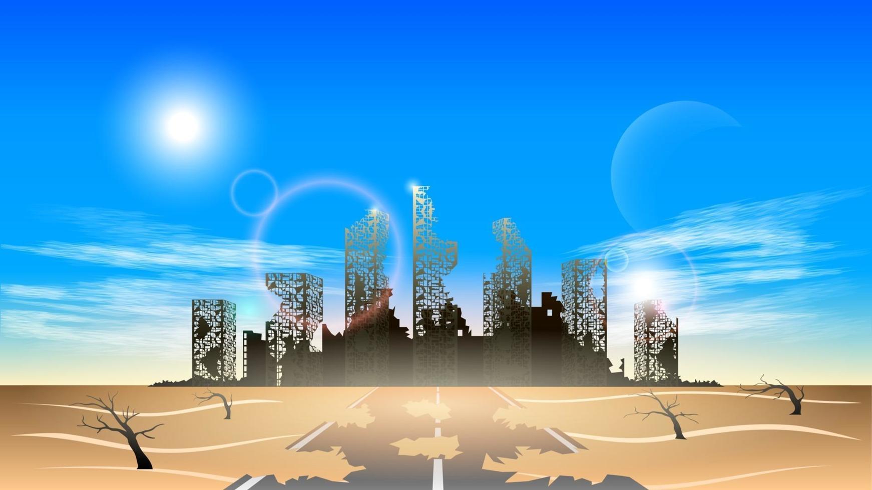 destroyed city in desert background vector