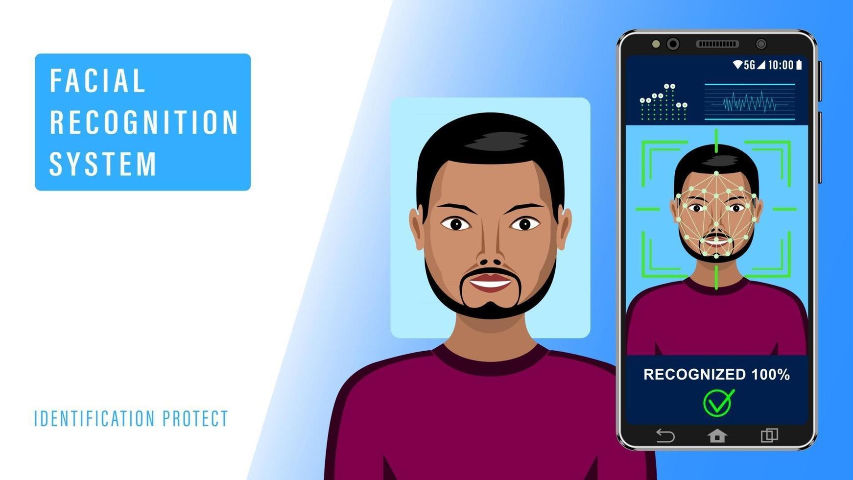 Recognized face on smartphone cartoon vector