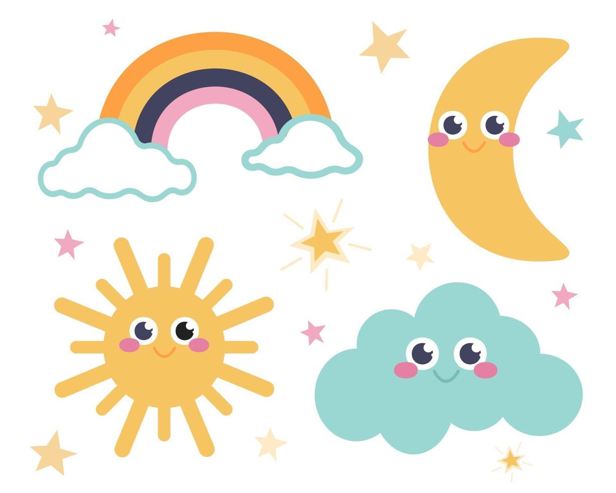 lindo conjunto de estrellas luna arco iris nube y sol imagen vectorial en un estilo de dibujos animados plana decoración para la habitación de los niños carteles postales ropa e interior vector