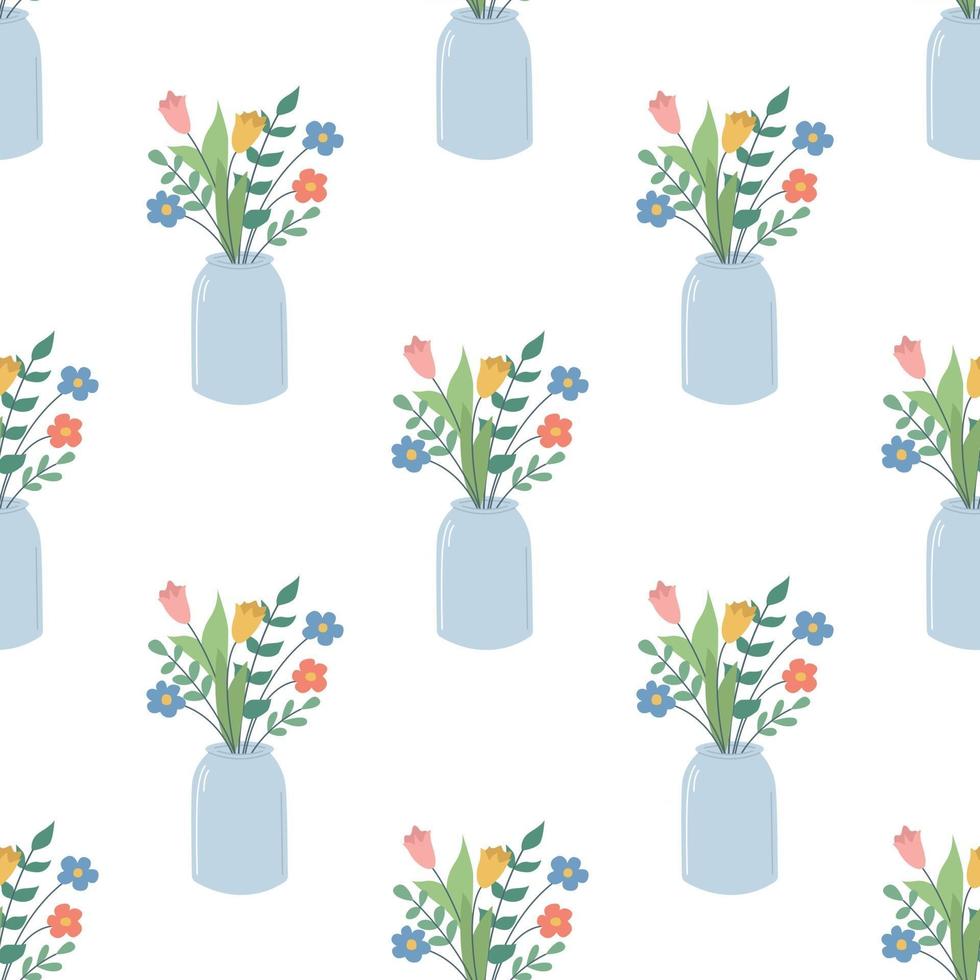 lindas flores hermosas en un frasco de vidrio patrón transparente de vector en un estilo plano sobre un fondo blanco papel tapiz decorativo floral