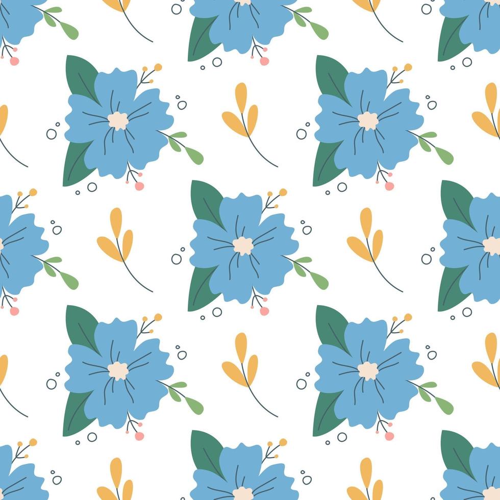 Beautiful cute blue flower with decorative plant elements on a white background Vector seamless pattern in flat style Floral decor wallpaper