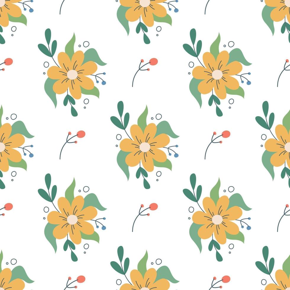 Beautiful cute yellow flower with decorative plant elements on a white background Vector seamless pattern in flat style Floral decor wallpaper