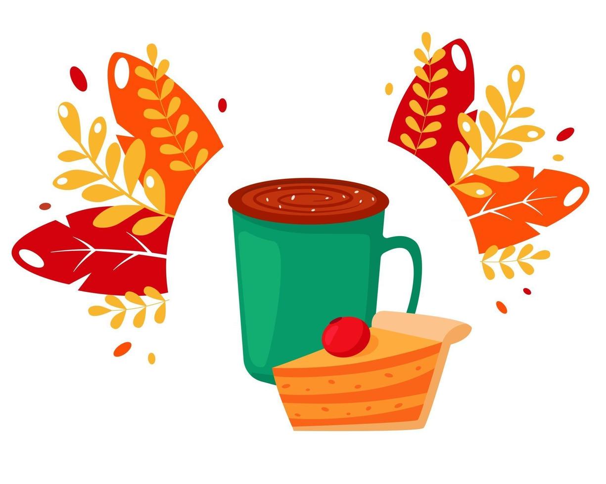 Coffee cup with pumpkin pie on autumn leaves background vector