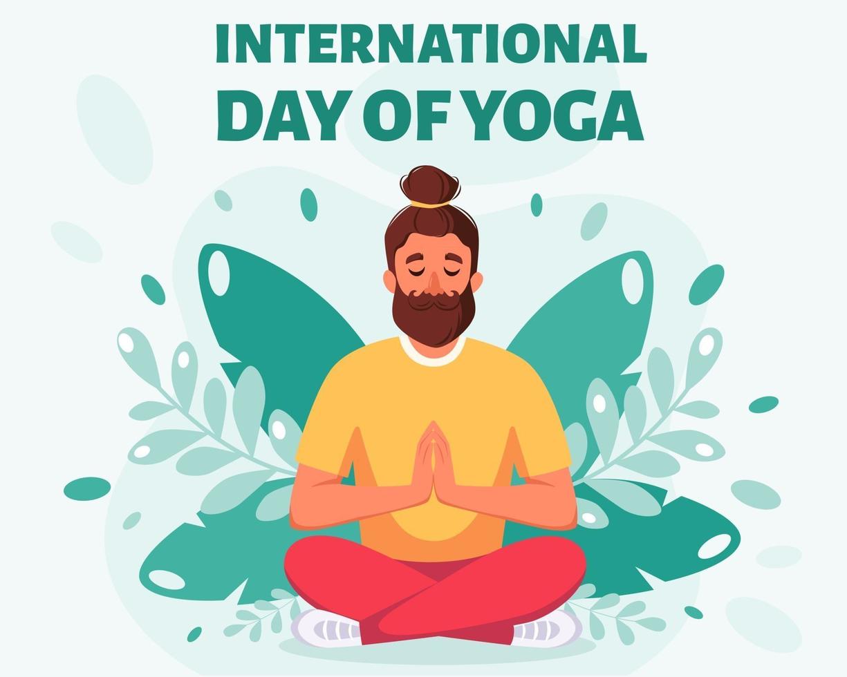 Man meditating in lotus pose International day of yoga vector