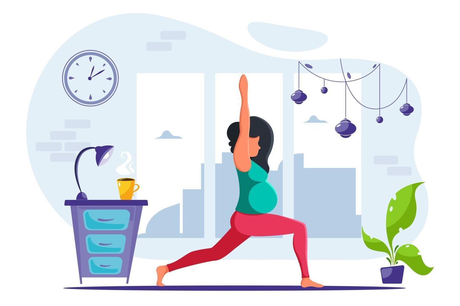 Pregnant woman doing yoga in loft interior Healthy pregnancy vector