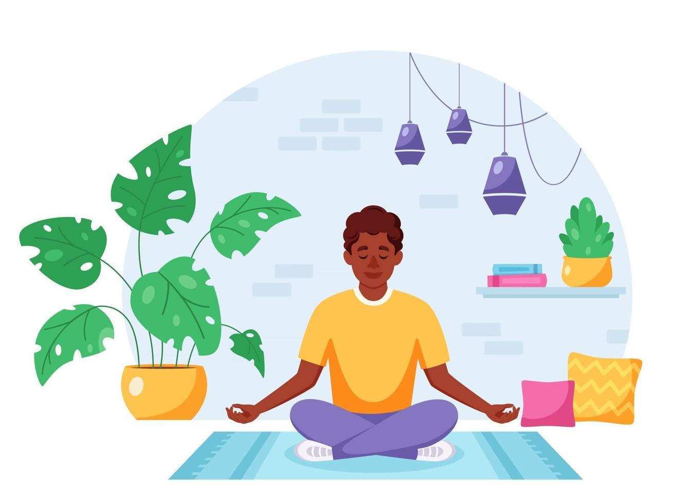 Hombre afroamericano meditando en posición de loto en un acogedor interior moderno vector