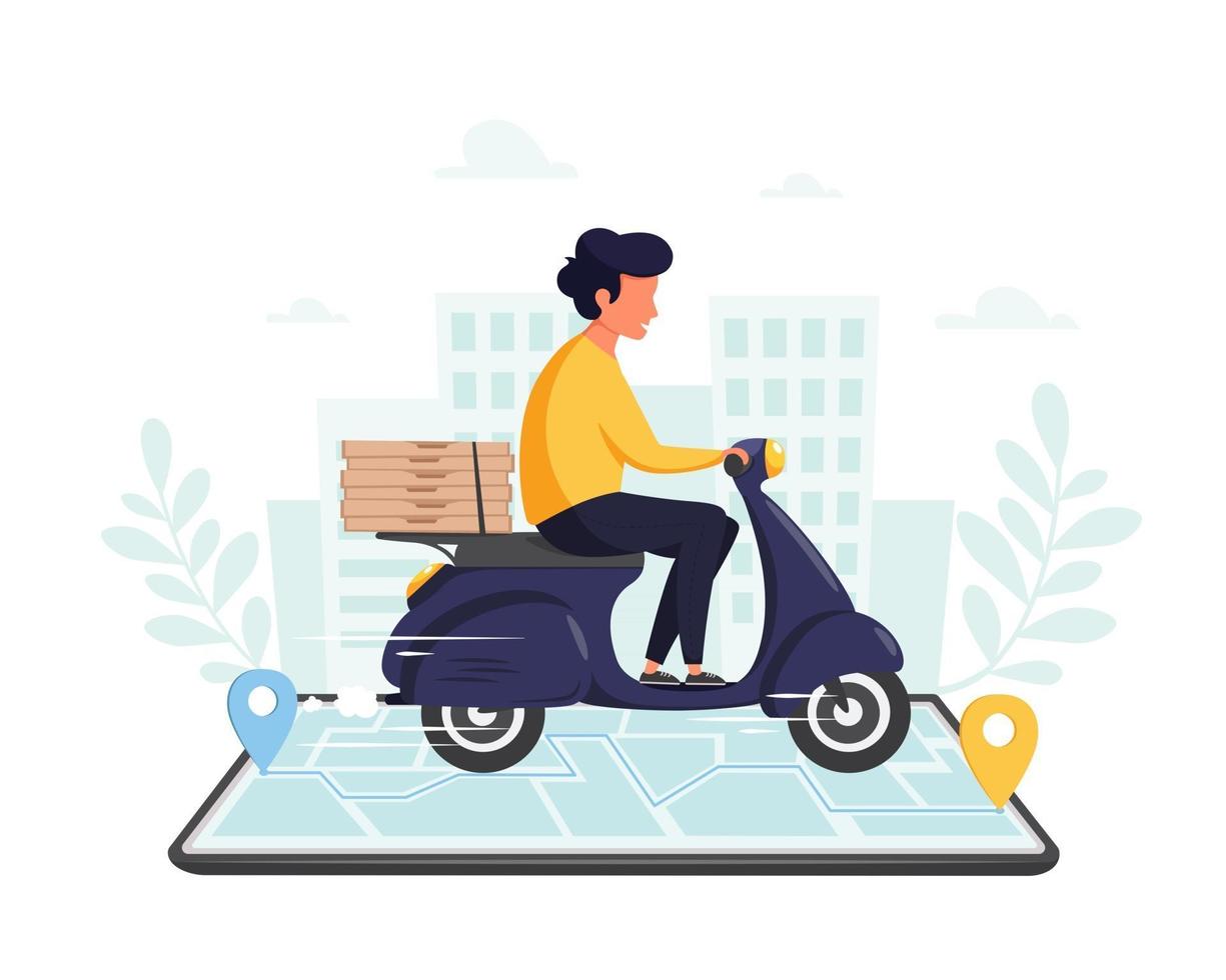 Servicio de entrega de pizzas personaje de mensajería montando moto a través de un teléfono inteligente con seguimiento en línea en el fondo de la ciudad vector