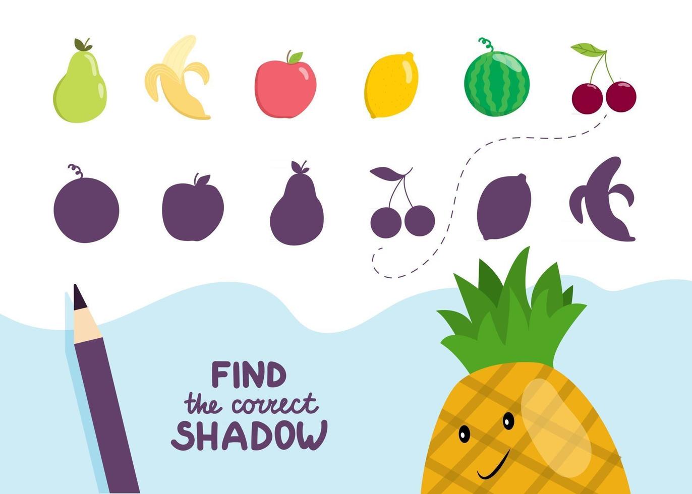 Find the correct shadow Cute fruits Educational game for kids Collection of childrens games Vector illustration in cartoon style