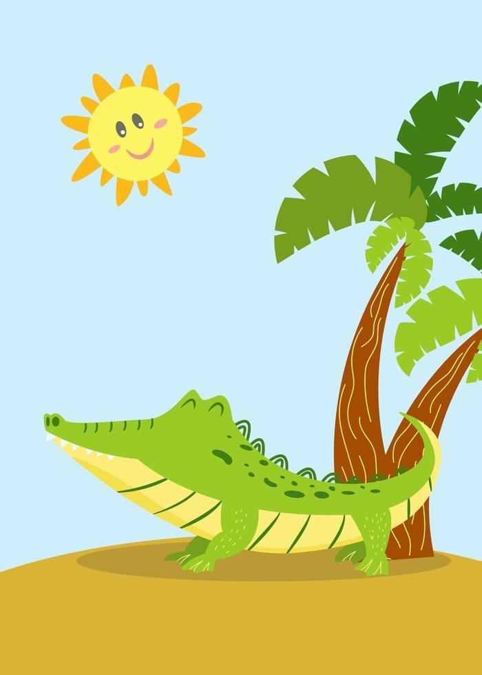 Funny cute crocodile lies on the sand under the sun near a palm tree Vector illustration in cartoon style Design concept about summer vacations for childrens design