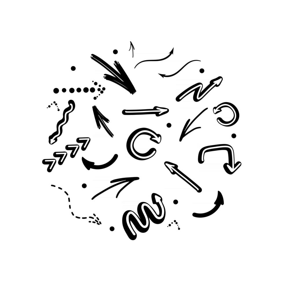 conjunto de flechas dibujadas a mano aisladas sobre fondo blanco ilustración vectorial de iconos de puntero estilo doodle vector