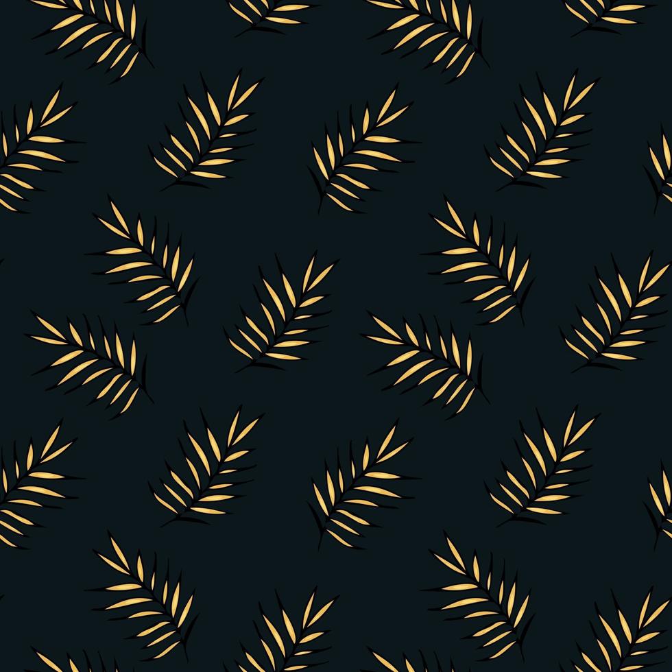 Seamless pattern with golden palm branches Yellow leaf of a palm tree on a dark background Vector endless texture