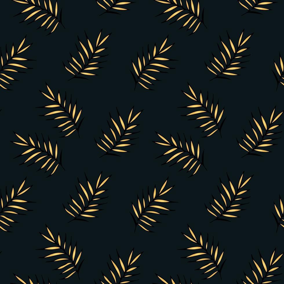 Seamless pattern with golden palm branches Yellow leaf of a palm tree on a dark background Vector endless texture