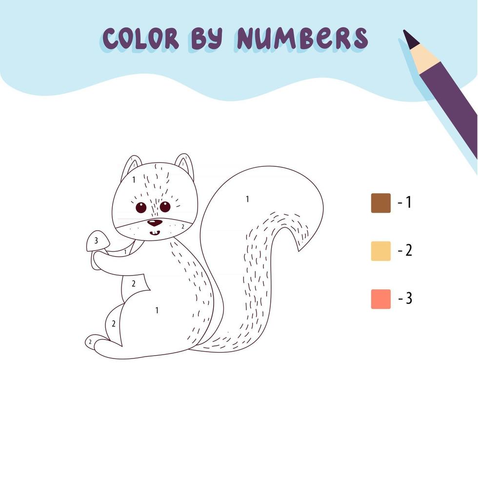 Color cute squirrel and mushroom by number Educational math game for children Coloring page vector