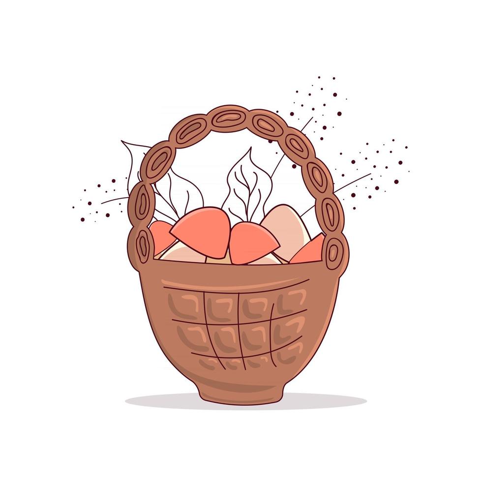 Cartoon cute basket with forest mushrooms twigs and leaves Vector illustration isolated on the background