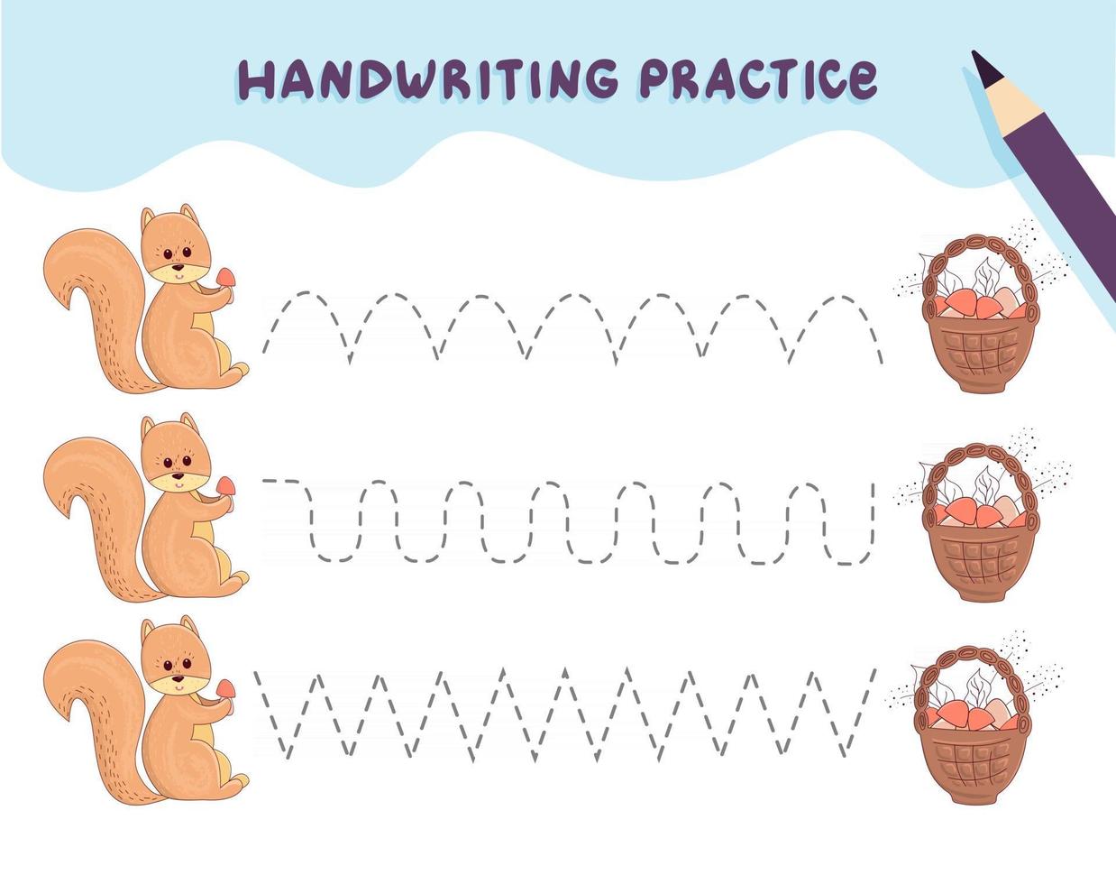 Handwriting practice for preschool children Tracing lines with colorful squirrel and a basket of mushrooms Educational kids game Worksheet for kids vector