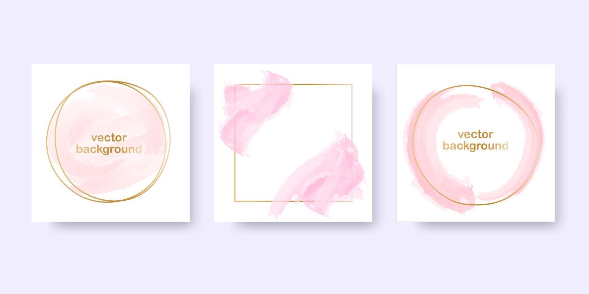 Fondo de oro rosa para el conjunto de banners de marcos dorados redondos y cuadrados con elementos de pincel rosa pastel ilustración vectorial vector