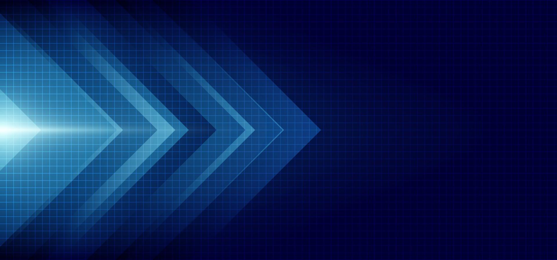 Abstract blue arrow glowing with lighting and line grid on blue background technology hitech concept vector