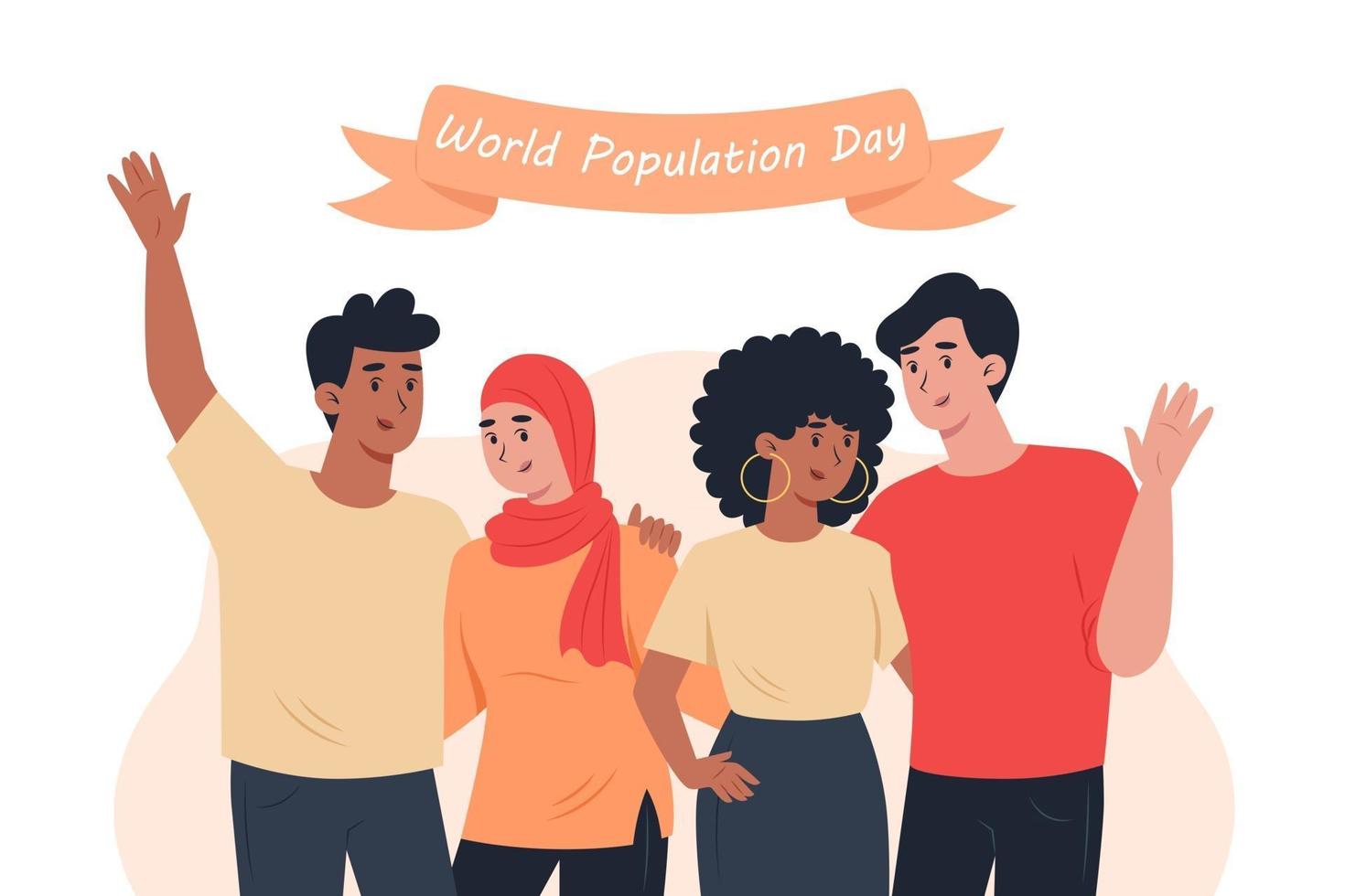 World Population Day people of different nationalities hug each other vector